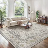 GENIMO Boho Vintage Teppich, Waschbar & rutschfest, Kurzflor Teppich für Wohnzimmer, Schlafzimmer oder Esszimmer, Stilvoller Carpet, Elfenbein Grau, 160x230 cm