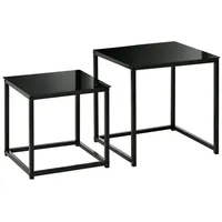 Homcom Beistelltisch 2er-Set, Couchtisch-Set, Kaffeetisch mit Glastischplatte, Quadratischer Sofatisch Satztisch für Wohnzimmer, Stahl, Schwarz