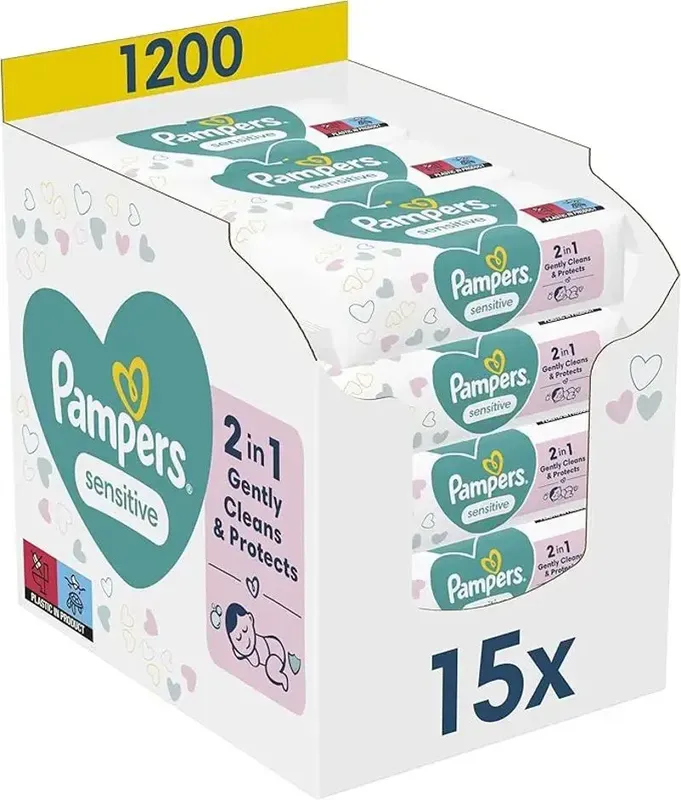 Pampers Sensitive Feuchttücher 15 Packungen mit 80 Stück, 1200 Feuchttücher