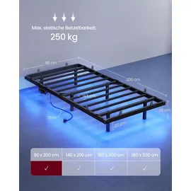 VASAGLE Bettgestell 90 x 200 cm mit LED-Beleuchtung, USB-C-Anschluss, Steckdosenleiste