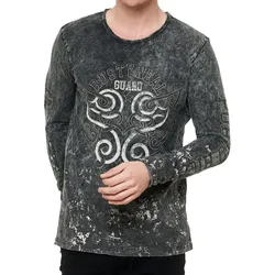 Herren Longsleeve mit Allover-Tribal-Print Baumwoll-Langarm-Shirt Sommer-Pullover Freizeit-Shirt R-10152 Dunkelgrau - S