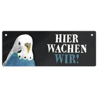 Trendaffe Metallschild mit Wellensittich blau Motiv und Spruch: Hier