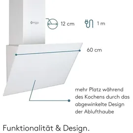 Wiggo Dunstabzugshaube 60cm kopffrei I Abluft Umluft Dunstabzug 300m3/h - LED Touch-Display 3 Stufen I Schräghaube inkl. Fettfilter & 2 x Kohlefilter I Abzugshaube mit Glasfront weiß