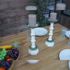 Mendler 2er-Set Kerzenständer HWC-N35, Kerzenhalter Kerzensäule, Shabby-Look Vintage Metall Keramik Höhe 36cm