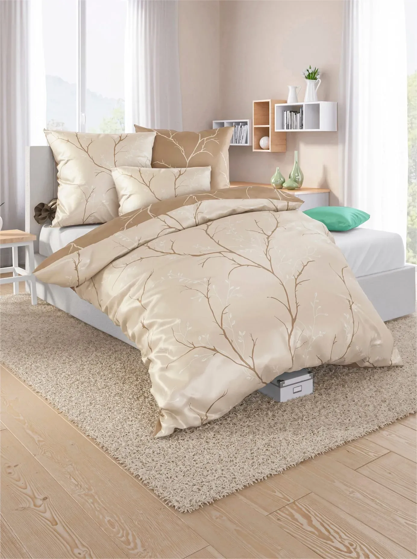 Bettwäsche WÄSCHEPUR Gr. 2, beige (beige, schoko, bedruckt), B/L: 155cm x 200cm, Mako-Satin, B/L: 80cm x 80cm, 2 Stk., Mako-Satin, 100% Baumwolle, Bettwäsche, Bettwäsche