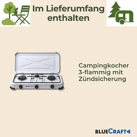 Bluecraft Gaskocher Campingkocher Flame 3-flammig mit Zündsicherung
