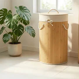 Relaxdays Wäschekorb Bambus, Faltbare Wäschetonne mit Deckel, Volumen 70 l, Wäschesack Baumwolle, rund Ø 41 cm, Creme