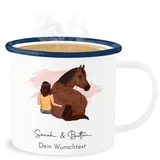 Emaille Becher Blechbecher - Pferd - Pferdemädchen Namen - Pferde Mädchen Geschenk - 300 ml - Weiß Blau - tasse name geschenke für reiterinnen und reit sachen einem