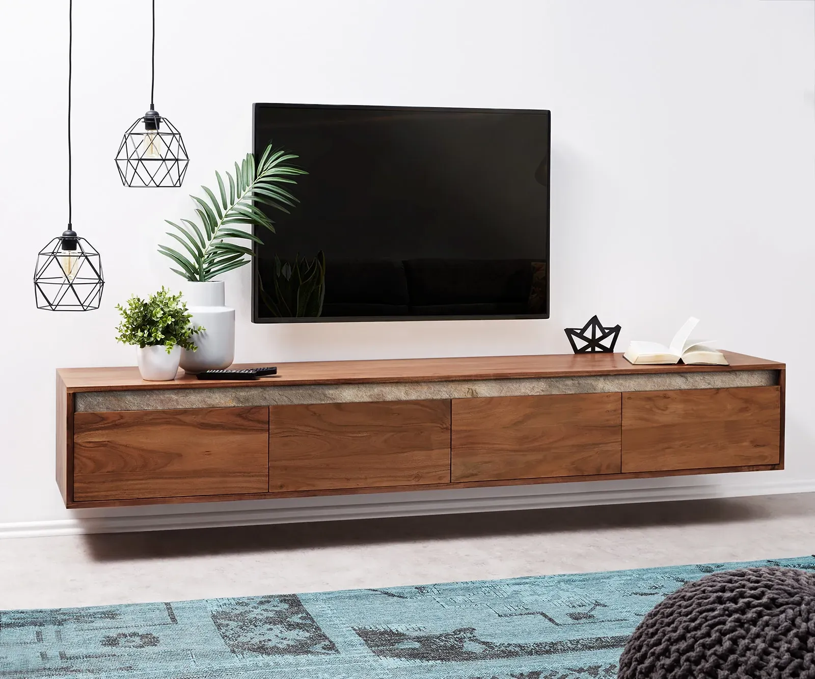 DELIFE Meuble-TV Stonegrace 200 cm acacia marron ardoise 4 tiroirs suspendus, Meubles-TV