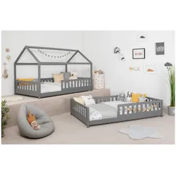 TiCAA 2 in 1 TiCAA Hausbett Bodenbett wandelbar mit abnehmbaren Dach Duo 90x200 cm, 100x200 cm, 120x200 cm, 140x200 für Jungen & Mädchen, inkl. Rolllattenrost, Rausfallschutz variabel, Montessori Bett weiß aus Kiefer Massivholz