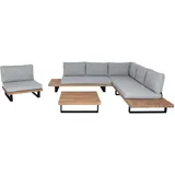 Mendler Garten-Garnitur mit Sessel HWC-H54, Lounge-Set Sofa, Spun Poly Akazie Holz Aluminium ~ hellbraun, Polster hellgrau