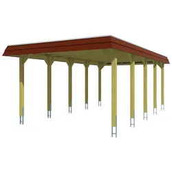 Skan Holz Walmdach Carport-396x741cm-rote Blende-nussbaum Holzcarport