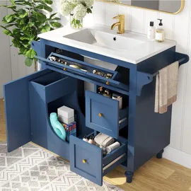 Okwish Waschtisch-Unterschrank 2 Schubladen 99,5 x 86 x 45 cm Blau