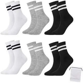 GMXJGZ 6 Paar Tennissocken Damen 39-42 Tennissocken Herren Sport Socken Tennis Socken tennissocken familie Streifen Socken Baumwolle für Damen und Herren mit Aufbewahrungstasche (Schwarz,Weiß,Grau) - M-L
