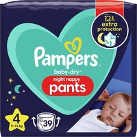 Pampers - Baby-Dry Nachtwindeln Größe 4, 39 Windelhose für 9kg-15kg, Bietet Zusätzlichen Schutz für die Ganze Nacht - 39 Stück