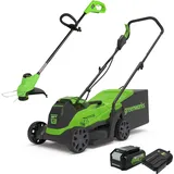 Greenworks Elektro-Rasenmäher 24V 33cm 30L Grasfangbox und Kabelloser Rasentrimmer 25cm automatischer Vorschubkopf mit Akku 4Ah und Ladegerät GD24LM33LT25K4