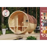 Karibu Saunahaus Außensauna Gartensauna Fasssauna Saunafass 2 38mm Wandstärke 229 x 299 cm großes Sparset mit Ofen und Steuergerät