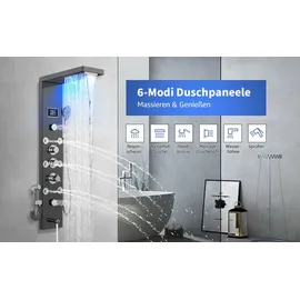 Toner Kingdom KEOKBON Duschpaneel Regendusche Edelstahl Schwarz mit LED-Lichter,5 Funktionen Duschsystem mit Handbrause, Massagedusche und Wasserfall Dusche