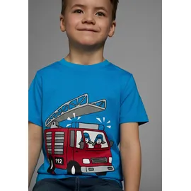 Kidsworld T-Shirt "Mit coolem FEUERWEHR Druck", Jungen, Gr. 128/134, blau (türkis), Single Jersey, Obermaterial: 100% Baumwolle, bedruckt, Basic, Rundhals, Shirts T-Shirt, Kurzarm, Basic-Passform, mit stylischem Druck, Rundhalsausschnitt