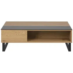 Allan Couchtisch mit Hebe/Senkefunktion und Aufbewahrung in Eiche Furnier und schwarzen Glas.