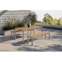 VILLANA Garten-Essgruppe, naturbelassen/grau, Alu/Eukalyptus, Tisch 180 x 90 cm, 2 Gartenbänke, pflegeleicht