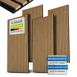 Juskys Wandpaneele Akustik 4er Set 2,88 qm - Holzfurnier & reduziert Hall und Lärm - Eiche Natur Dunkel