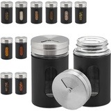 Relaxdays Gewürzstreuer, 12er Set, 3 Streugrade, Gewürze & Kräuter, Gewürzgläser, 90 ml, Glas, Edelstahl, schwarz/Silber