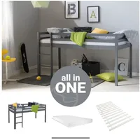 Homestyle4u Kinderbett 90x200 mit Latterost und Matratze in Grau 2257