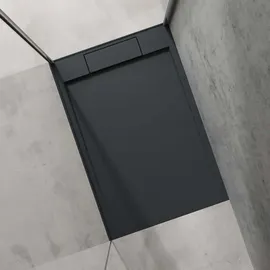 doporro Duschtasse Duschwanne 80x120x4 flach Mineralguss in Anthrazit inkl. Ablaufgarnitur AL06 DIN-Anschlüsse für bodenebene Montage geeignet Geoma04