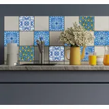 Fliesenaufkleber QUEENCE "Blaue Ornamente mit Zitronen", bunt (weiß), B:15cm H:15cm T:0,2cm, Fliesenaufkleber, selbstklebend, 12er Set
