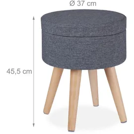 Relaxdays Sitzhocker mit Tischfunktion, gepolsterter Deckel, Stauraum, HxD: 45,5 x 37 cm, Stoff, Holzbeine, grau/natur