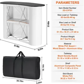 Vevor Tragbare Messetheke Messetresen, 1300 x 465 x 950 mm Messestand Ausstellungs-Thekenständer, Faltbarer Promotion-Einzelhandels-Bartisch, Pop-Up-Podium mit Aufbewahrungsregal, Tragetasche