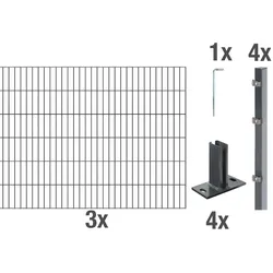 Alberts Komplettset Doppelstabmattenzaun in Anthrazit mit Pfostenträger, 2 m Matten, Höhe 80-120 cm