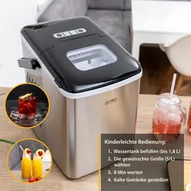 First Austria TZS First Austria Eiswürfelmaschine Edelstahl 9 Würfel in 7-9 Minuten, Eiswürfelbereiter 120W, Ice Cube Maker, 1,8 L Wassertank, LED Bedienpan... - Silber