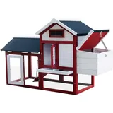 Wiltec Hühnerstall 1520 x 520 x 920 mm rot-weiß mit Freilauf und Nistkasten aus Tannenholz, Hühnerhaus mit Unterschlupf, Gitter und Kotwanne verzinkt