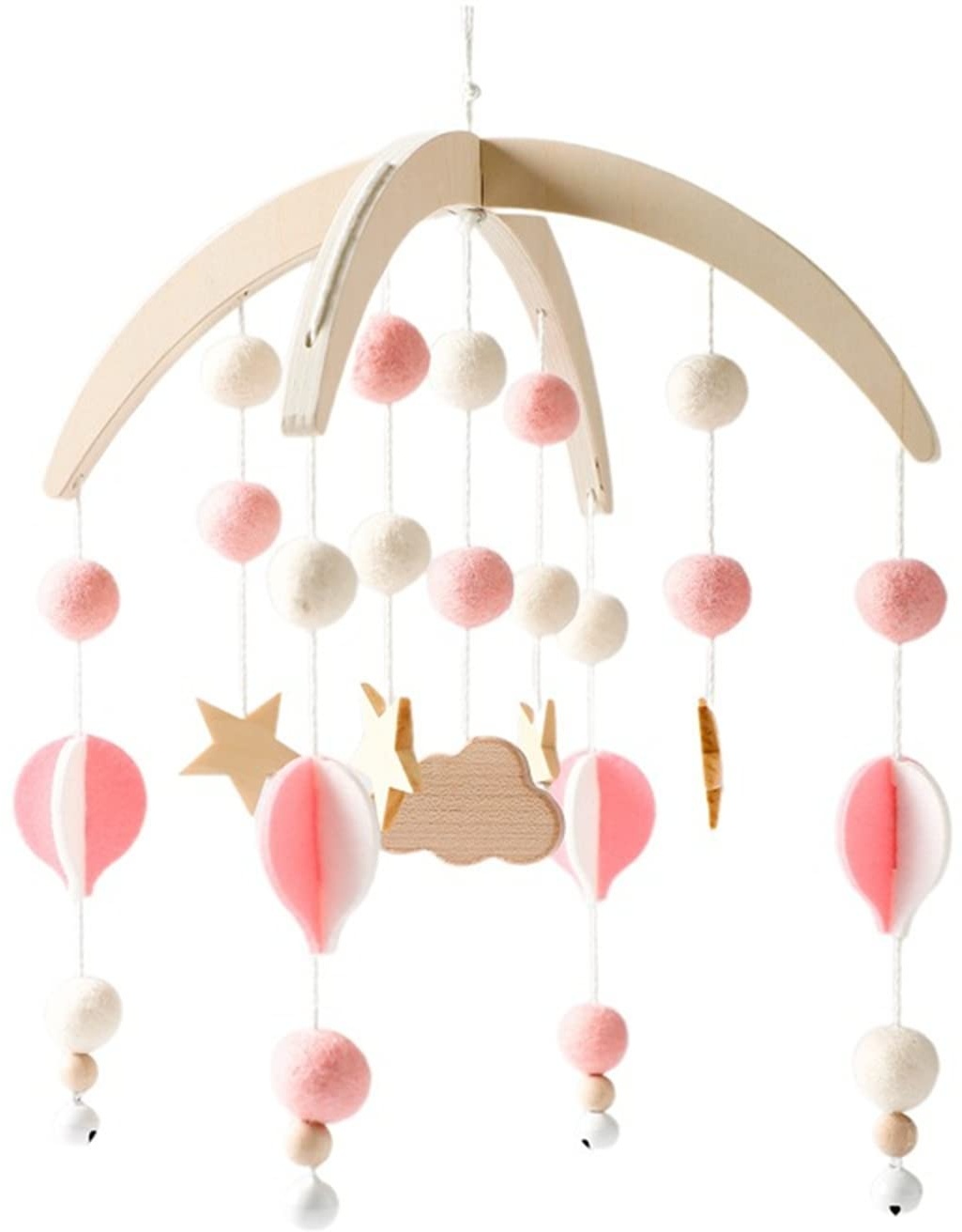 EXQULEG Babe Mobile Baby Windspiele mit Filzbällen Stern-Ballon Babyzimmer Holz Mobile Baby Neugeborene Jungen Mädchen Bettglocke Anhänger zum Aufhängen Babybett Kinderbett Deko (Rosa)