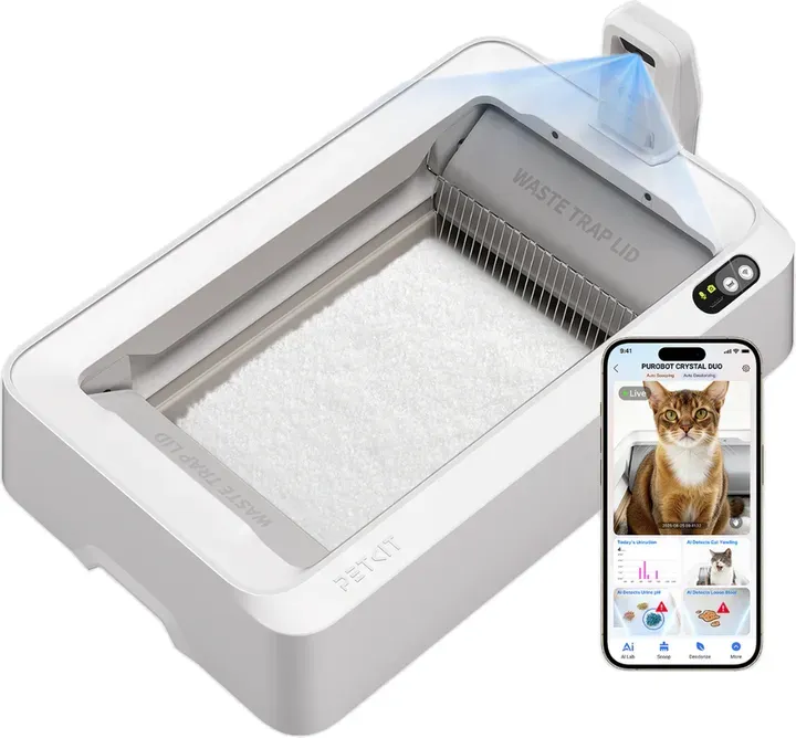 [€169,99 nach Promo] PETKIT PUROBOT CRYSTAL DUO, Freihändige Reinigung bis zu 30 Tage, Offene Katzentoilette mit N60 Geruchsentferner