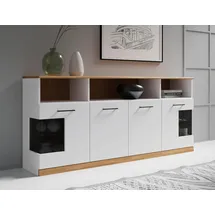 Home Affaire Sideboard RIBE20 Fronten massiv,Korpus Melamin, 2 Türen mit Glaseinsatz, Oberplatte Massivholz,schwarze Metall Griffe,2 Türen mit Glaseinsatz weiß