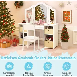 Costway Kinder Schminktisch & Stuhl Set, 2-in-1 Prinzessin Spiel Schminktisch Set mit 3 Abnehmbaren Spiegeln, Weiß - Weiß