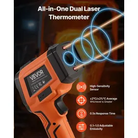 Vevor Infrarot Thermometer -30°C bis 1600°C, Digitales IR-Temperaturmessgerät mit LCD-Display Typ-K-Thermoelement & Dual-Laser, Berührungslose Temperaturpistole für Kochen Industrie (Nicht für Menschen)