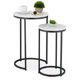 Relaxdays Satztisch, 2er Set, 2 Größen, Marmoroptik, Metall, runde Beistelltische, Wohnzimmer Couchtisch, weiß/schwarz