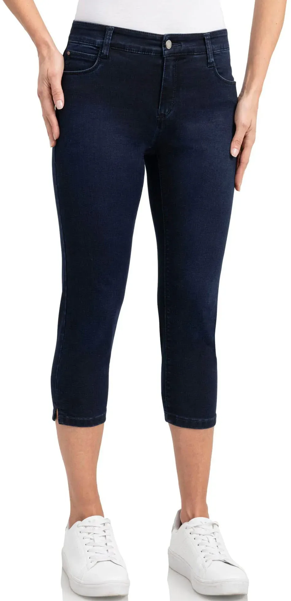 Caprijeans WONDERJEANS, Damen, Gr. 40, Länge 21, blau (blau used), Denim/Jeans, Obermaterial: 64% Baumwolle, 30% Polyamid, 6% Elasthan, unifarben, ca. Mitte Wade, Jeans, Sommerhose mit Stretch