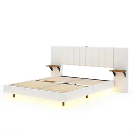 XDOVET Polsterbett mit Seitlichen Ablagen USB-Ladeanschluss und LED-Leiste Doppelbett Flachbett Verdecktes Fußteil Leinenstoff 160*200 cm Beige - Beige