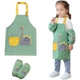 Kinder Koch-Set Kochschürze Kinder Schürzen Set mit Taschen und 2 Ärmel Wasserdicht Kinderschürzen Ärmel Verstellbare Kleinkind Kochschürze für Jungen Mädchen Basteln Malen Backen Kochen, 2-5 Jahre