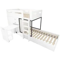 IDEASY Etagenbett 90x200 Kinderbett mit ausziehbarem Schreibtisch und Kleiderschrank (Platzsparendes Hochbett mit Schreibtisch, ohne Matratze, mit Einlage), 1 Kleiderschrank, 2 Schubladen, 1 ausziehbarer Schreibtisch mit Fach