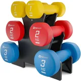 Hop-Sport Hanteln Set mit Hantelständer, Kurzhanteln - 2 x 1 kg, 2 x 2 kg, 2 x 3 kg, Hanteln aus Gusseisen - mit Neopren überzogen- blau,rot,gelb