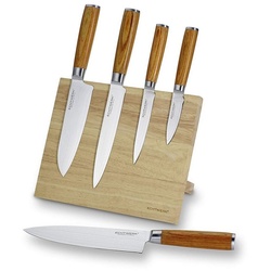 ECHTWERK Messer-Set Damastmesser Set 5tlg. Inkl. Magnet‐Messerblock aus Holz braun