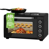 HOMELUX Minibackofen 48L mit Kochplatten und HäHnchengrill 1600W Pizza-Ofen, Ober-/Unterhitze Max 230°C, Geeignet für Camping & Kleinküchen schwarz