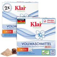 Klar Vollwaschmittel Pulver Sensitive 2x1,1kg - 40 Ladungen - Allergiker Waschpulver ohne Duft - Bio Waschmittel Pulver mit natürlichem Waschnuss Extrakt - VEGAN & Enzymfrei