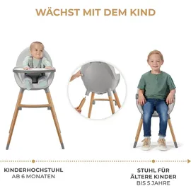Kinderkraft Hochstuhl FINI2 2 in 1, Kinderhochstuhl, Babystuhl, Kombihochstuhl, Beine aus Holz, Sicherheitsgurte, Fußstütze, Doppeltablett, ab 6 Monate bis 5 Jahre, 5 Punkt Gurte, Grau